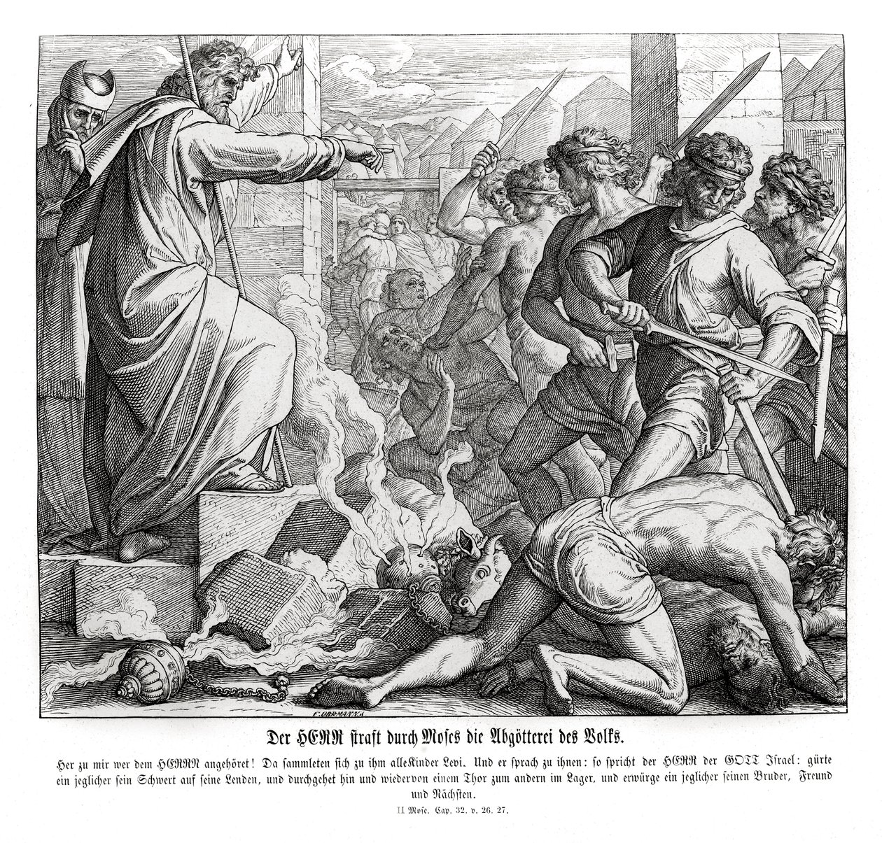 Moses straffer folket for deres avgudsdyrkelse, Exodus av Julius Schnorr von Carolsfeld
