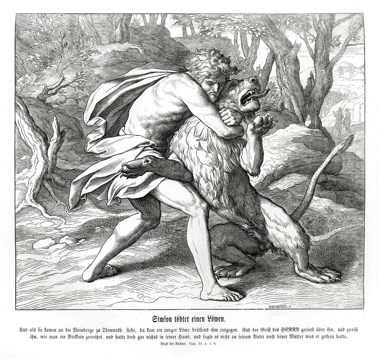 Samson kills a lion, Judges av Julius Schnorr von Carolsfeld