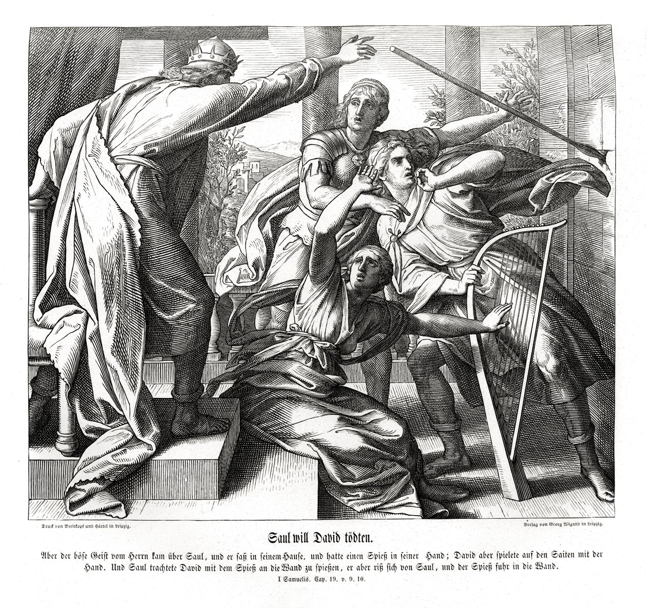 Saul prøver å drepe David av Julius Schnorr von Carolsfeld