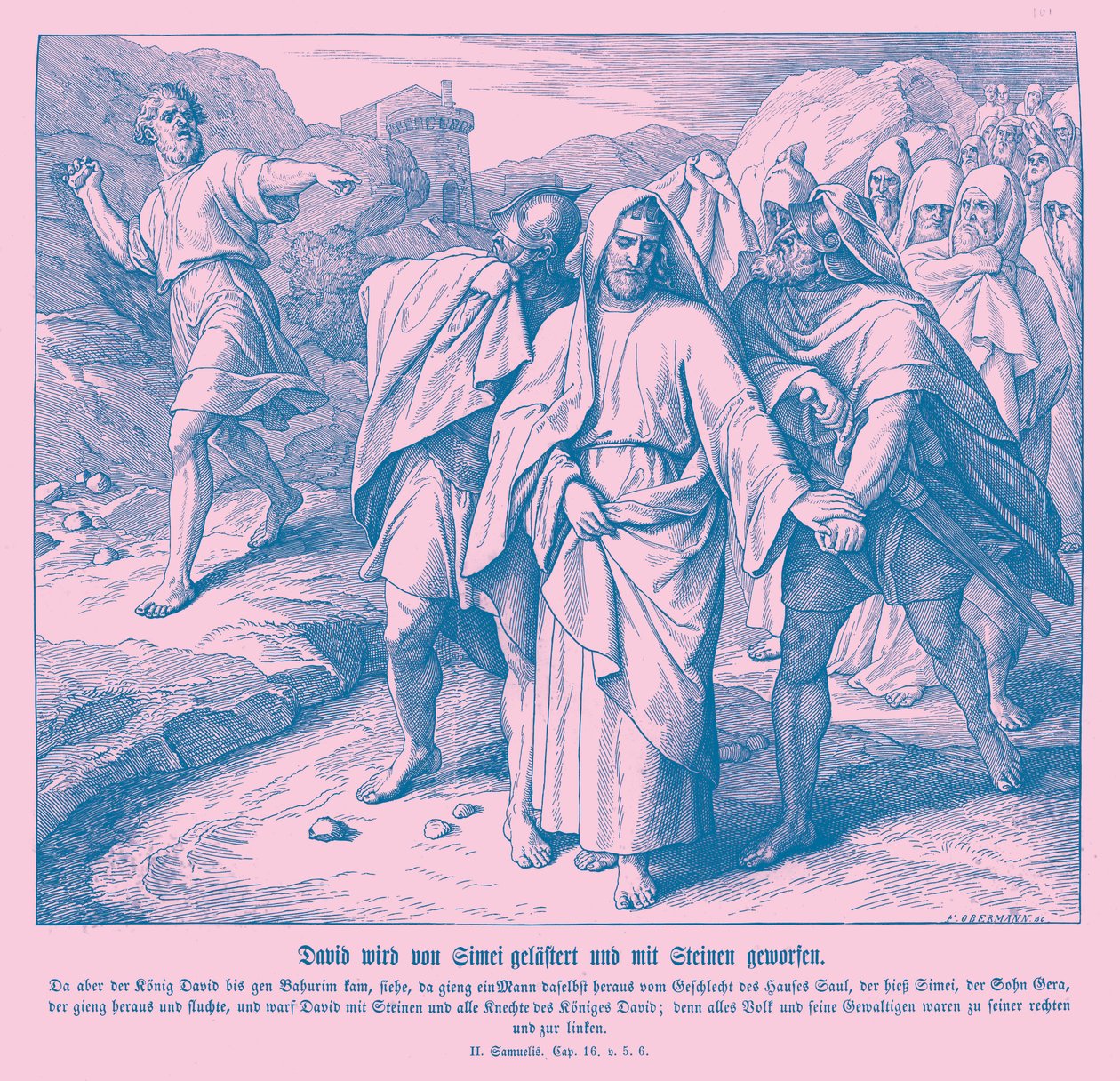 Simei forbanner og kaster stein på David, 2. Samuel av Julius Schnorr von Carolsfeld