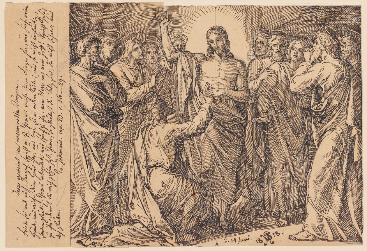 Jesus viser seg for de forsamlede disiplene. Fred være med dere. Deretter sier han til Tomas: ...? av Julius Schnorr von Carolsfeld