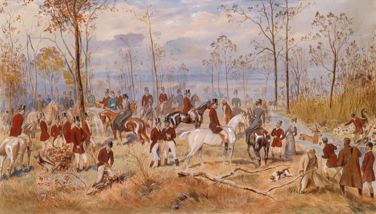 Jakten. Verk av Julius von Blaas (1845-1922), akvarell på papir, ca. 1890. Østerriksk kunst av Julius von Blaas