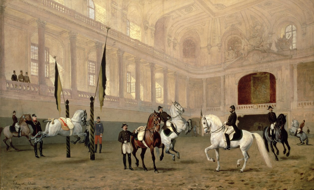 Morgenøvelse i Hofreitschule, Josephsplatz, 1890 av Julius von Blaas  
