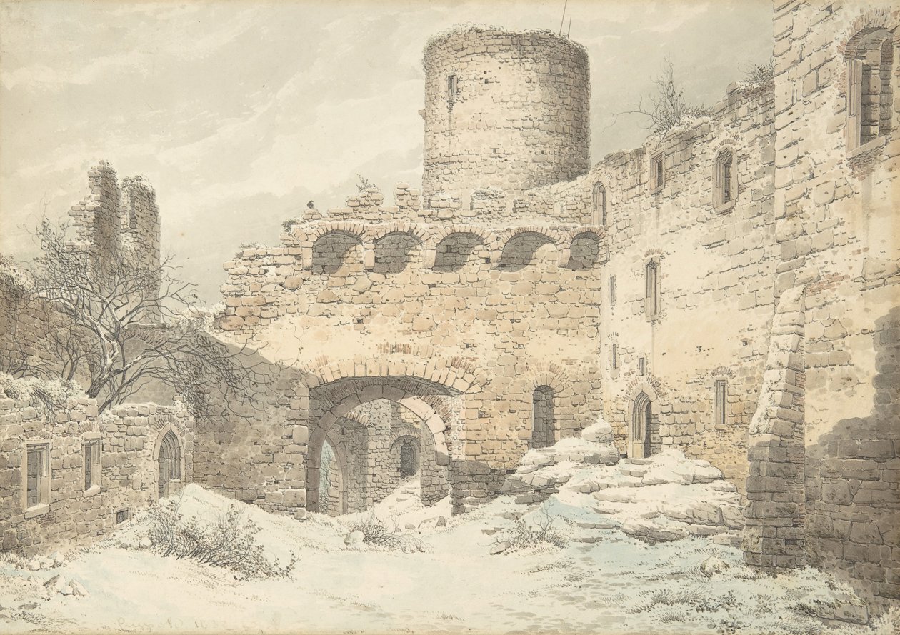 Vinterutsikt over gårdsplassen til et middelalderslott i ruiner, 1832. av Julius von Leypold