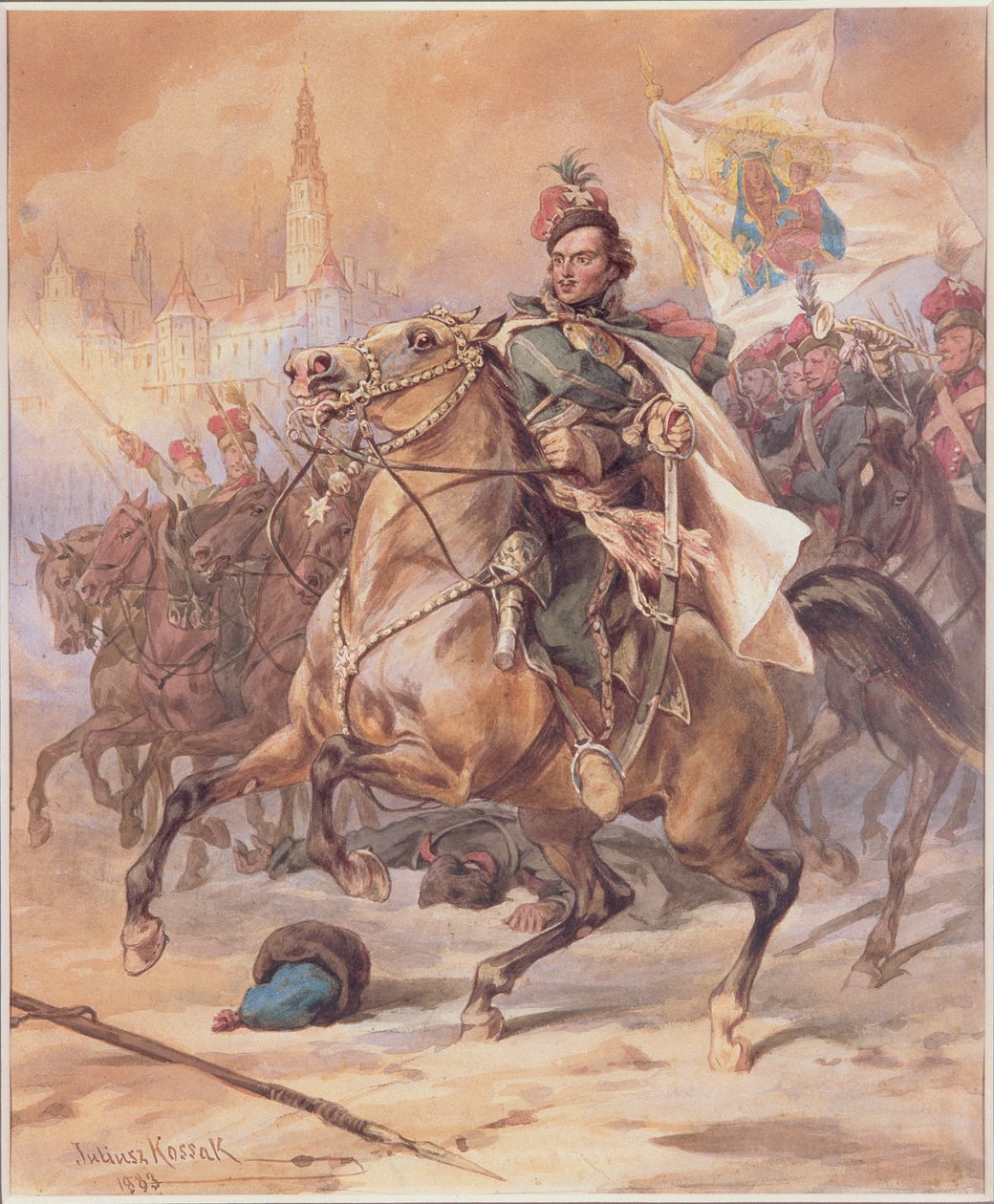 Kazimierz Pulawski (1747-79) i slaget ved Czestochowa, desember 1770, 1883 (wc på papp) av Juliusz Fortunat Kossak