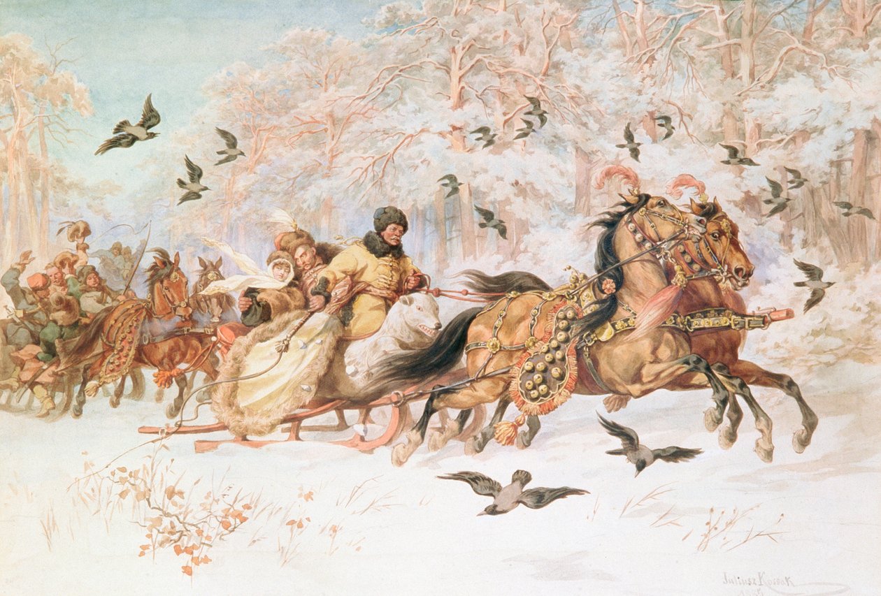 Olenka og Kmicic ved Kulig, ca. 1887 av Juliusz Fortunat Kossak