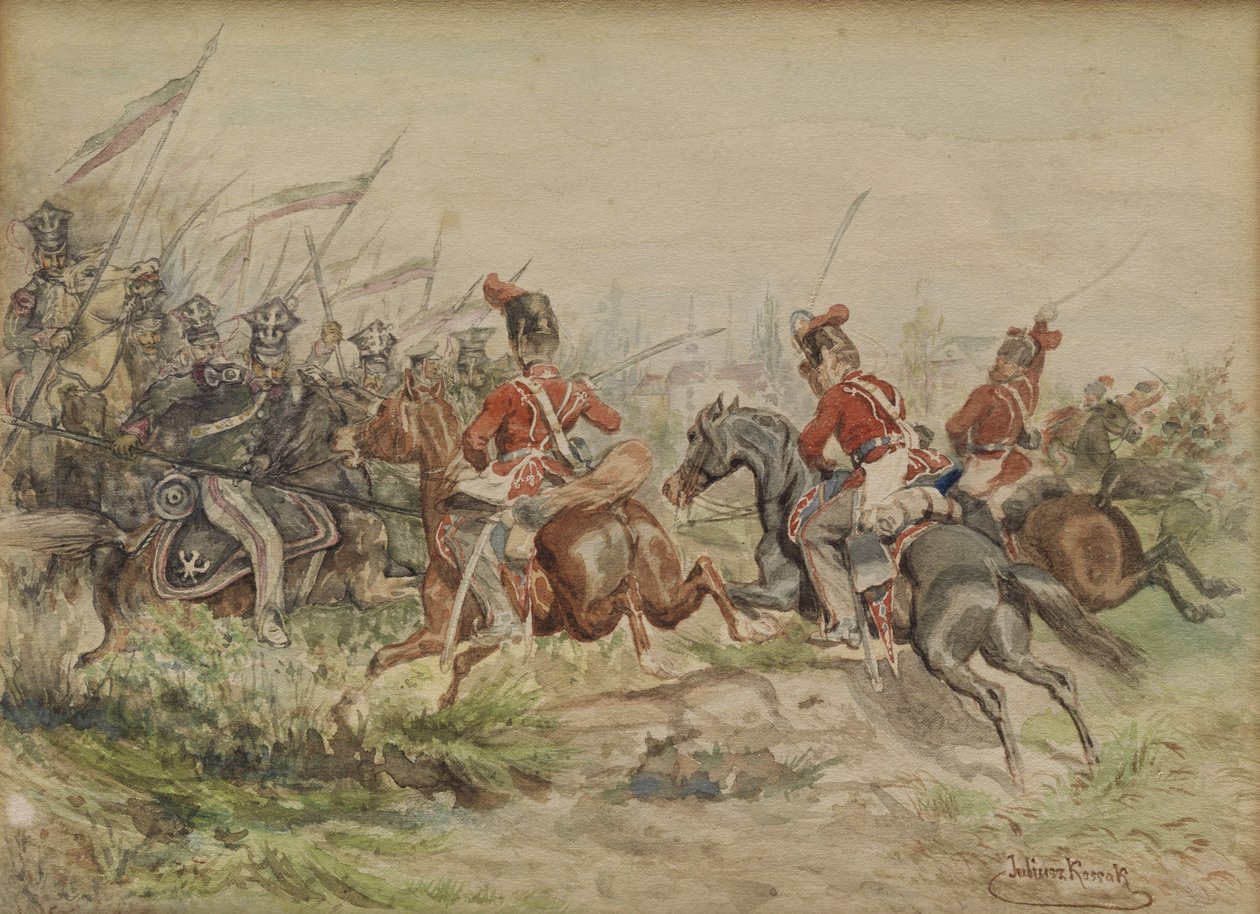 Polske soldater som kjemper mot russere. Akvarell. av Juliusz Fortunat Kossak