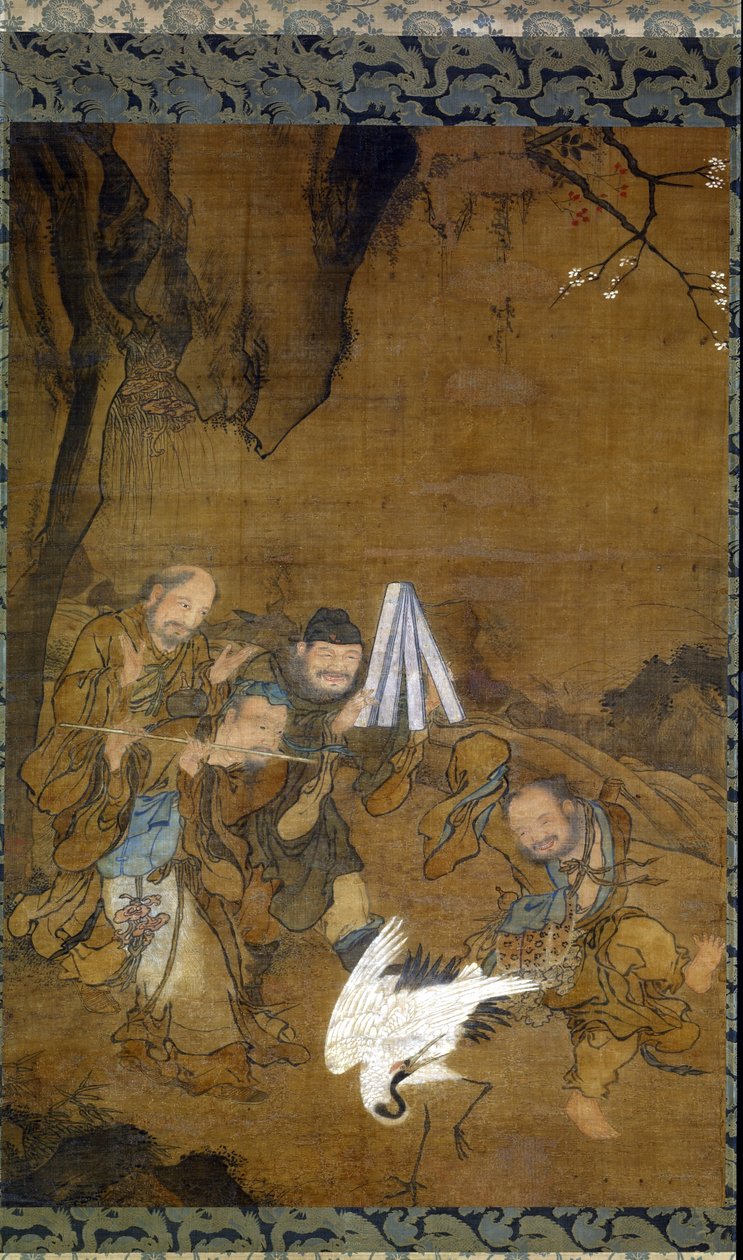 Immortals Dancing with a Crane (blekk og farge på silke) av Jun Liu
