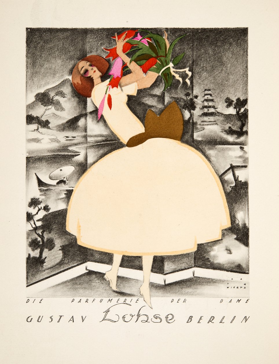 Annonse for Gustav Lohse, Berlin, Parfyme for kvinner, fra Styl, pub.1922 (pochoir-trykk) av Jupp Wiertz
