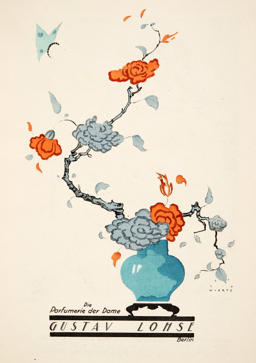 Annonse for Gustav Lohse, Parfyme for kvinner, fra Styl, pub.1922 (pochoir-trykk) av Jupp Wiertz