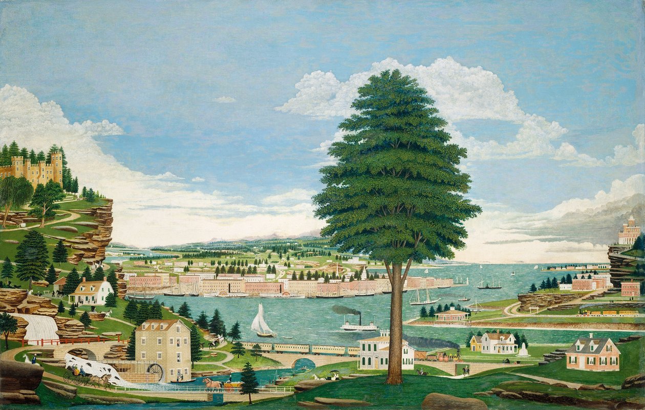 Sammensatt havnescene med slott, ca. 1875. av Jurgan Frederick Huge
