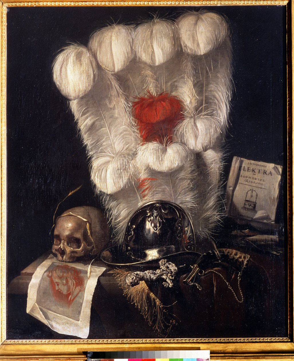 Forfengelighet med hodeskalle omgitt av et øre av hvete, hjelm, dolk (eller sverd), horn, fjær og en kopi av "Electra" av Sophocles. Maleri av Jurlaen van Streeck (1632-1687). Olje på lerret, 98 x 84 cm av Jurian van Streeck or Streek