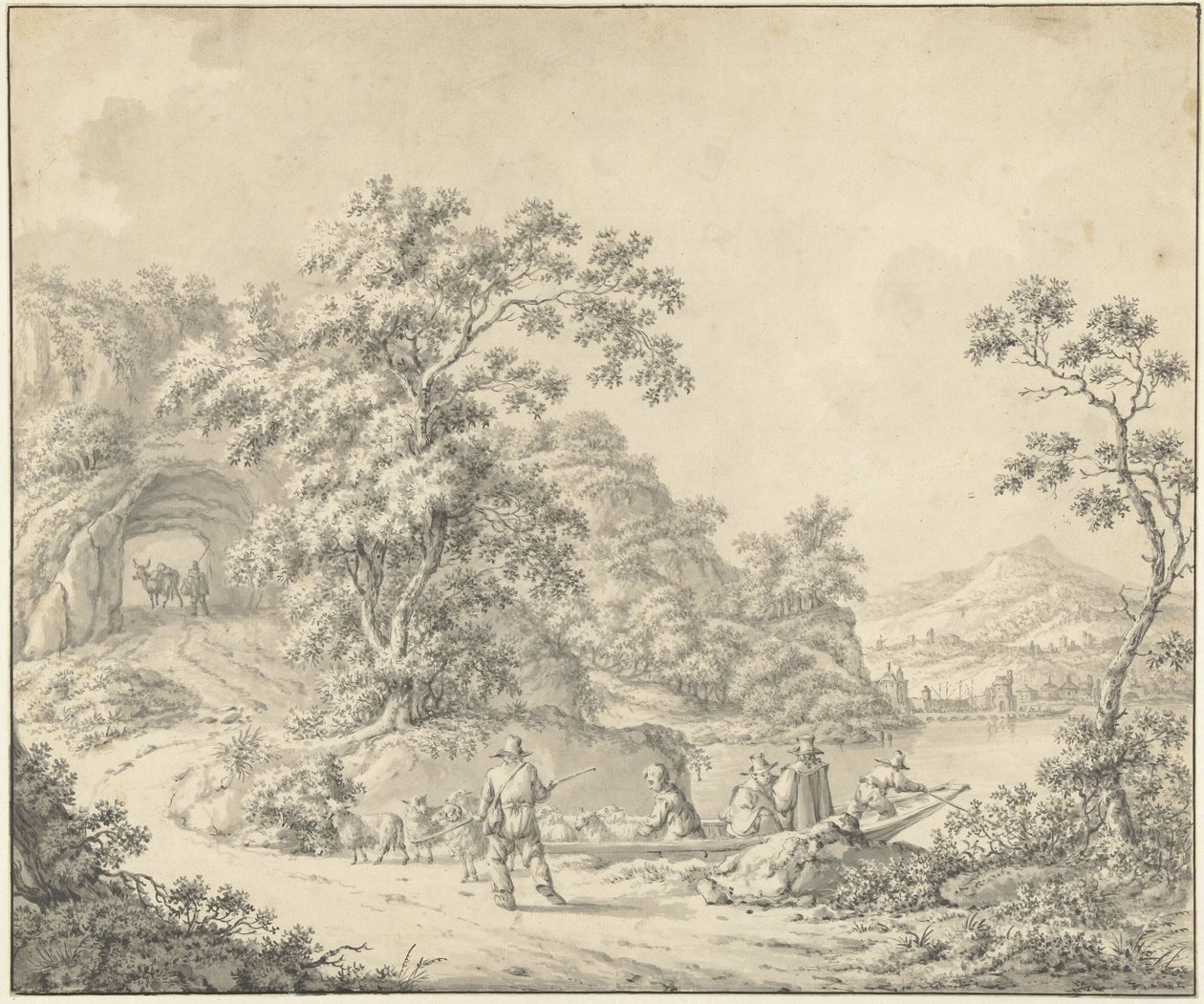 Landskap med en båt der en hyrde med flokken sin av Jurriaan Andriessen (attributed to)