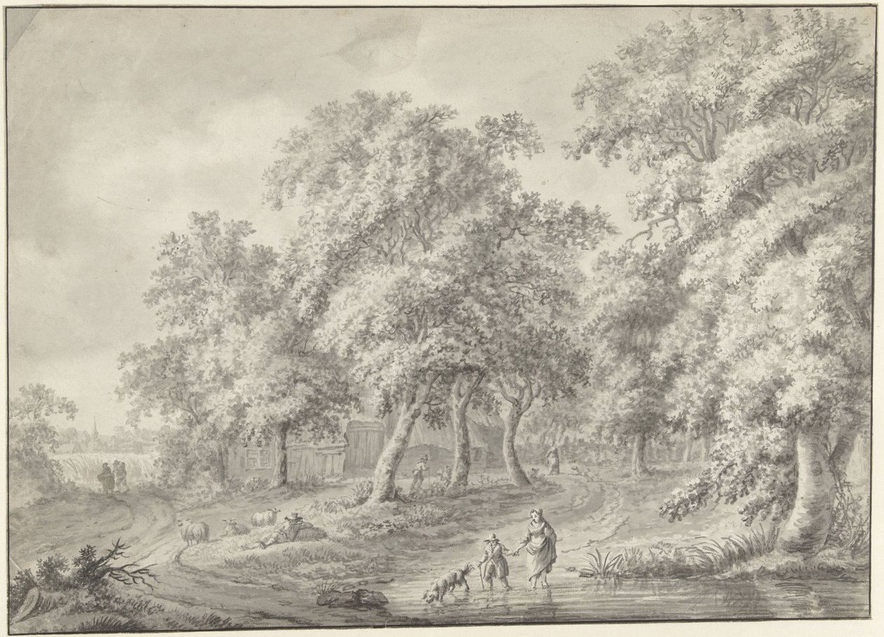 Landskap med mor og barn med hund som vasser gjennom et basseng av Jurriaan Andriessen (possibly)
