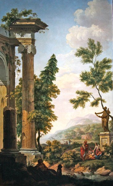 Arcadian landscape with classical ruins and figures by a riverbank (oil on cloth) av Jurriaan Andriessen