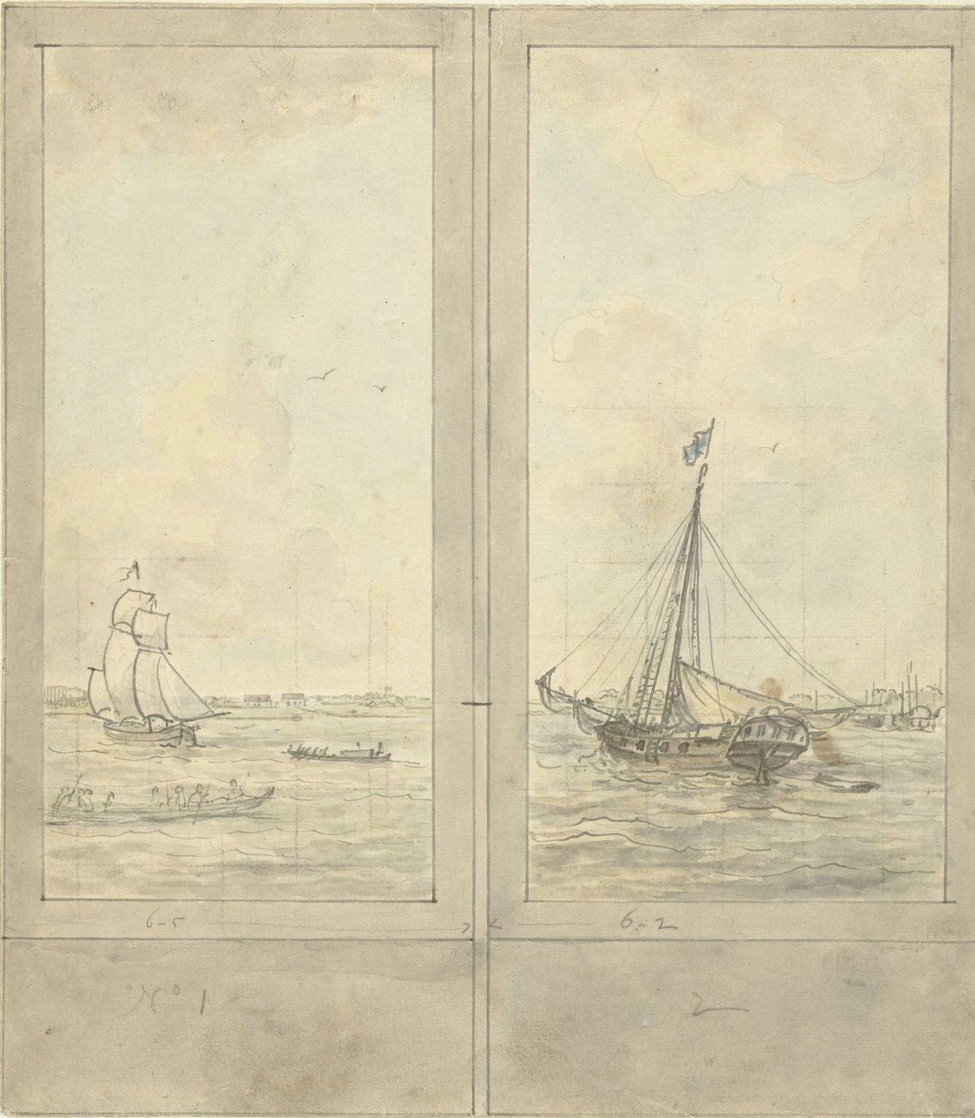 Design for to tapetoverflater: elv med skip i Nederland av Jurriaan Andriessen