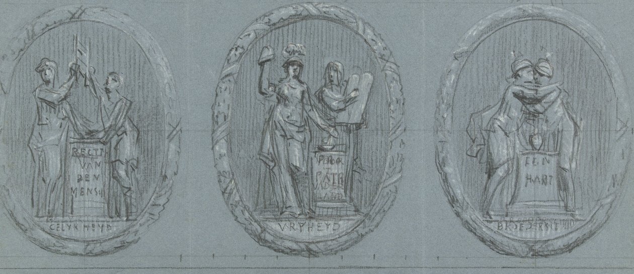 Design for tre medaljonger: Liberty, Equality og Fraternity av Jurriaan Andriessen