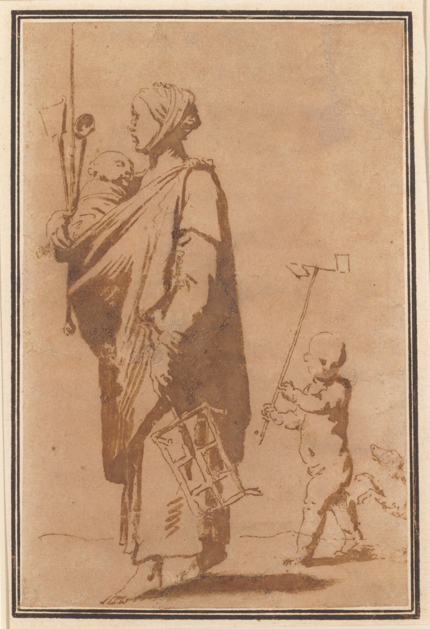 En mor som bærer et barn og kjøkkenutstyr, etterfulgt av en gutt og en hund av Jusepe de Ribera