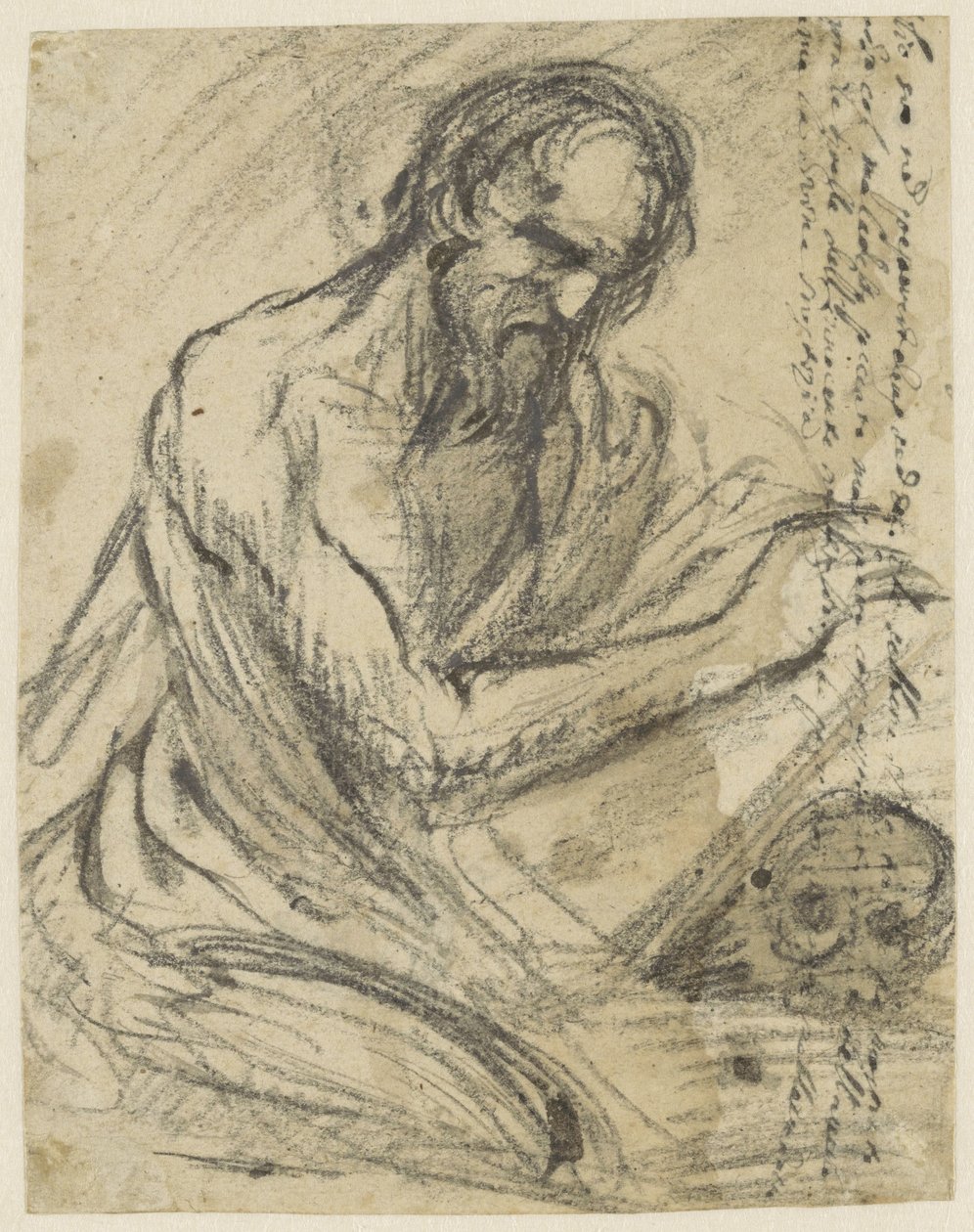 H. Hieronymus, skriver i en bok han holder over en hodeskalle av Jusepe de Ribera