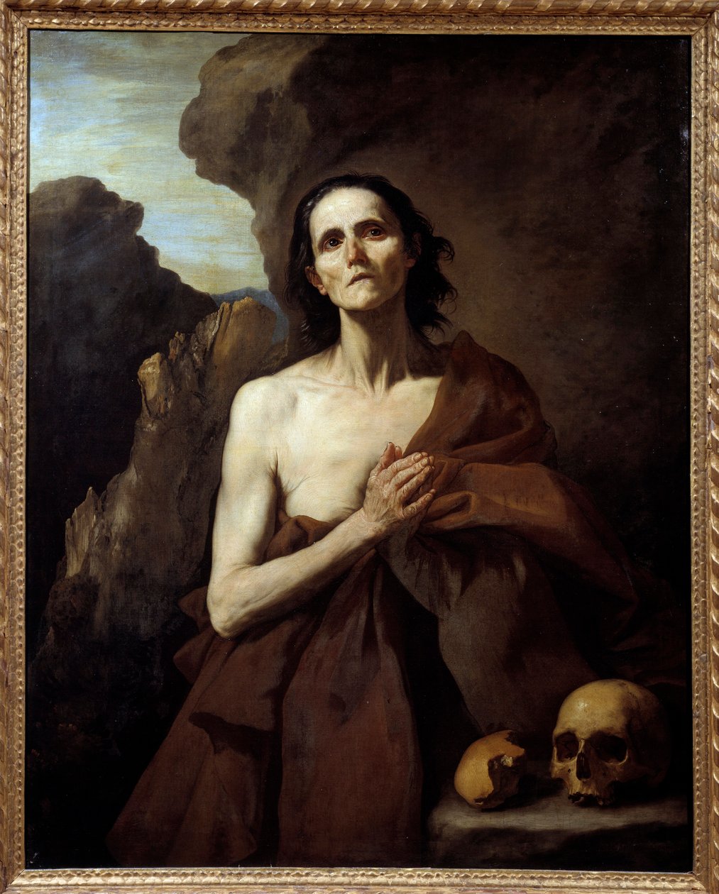 Portrett av Saint Mary the Egyptian, Penitente in the Desert Painting (Vanita) av Jose de Ribera dit il Spagnoletto "" den spanske""" (1591-1652) av Jusepe de Ribera