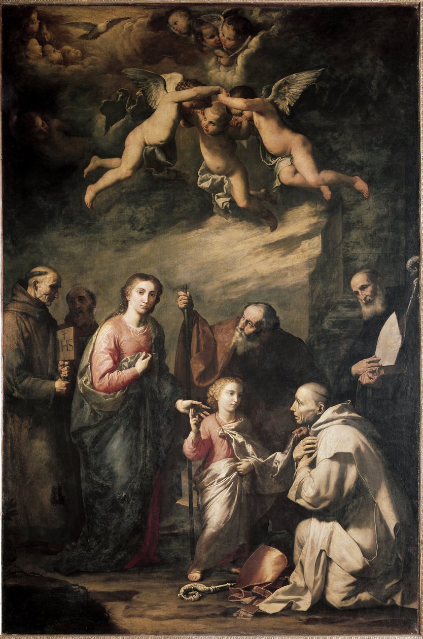 Den hellige familie med den hellige Bruno av Köln og andre helgener - Den hellige familie med den hellige Bruno av Köln og andre helgener. Maleri av Jose (Jusepe) av Ribera, dit lo Spagnoletto (1591-1652) av Jusepe de Ribera