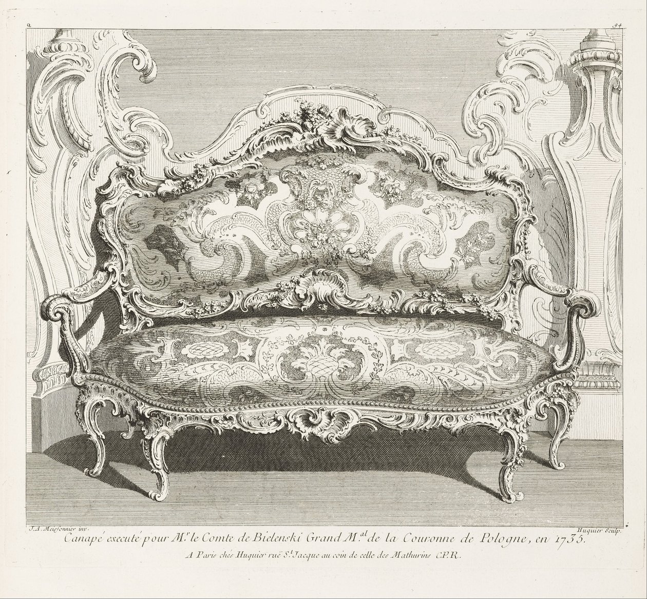 Sofa henrettet for Mr. Count de Bielinski Grand M.al fra Crown of Poland, i 1735. Sofa... av Juste Aurèle Meissonnier