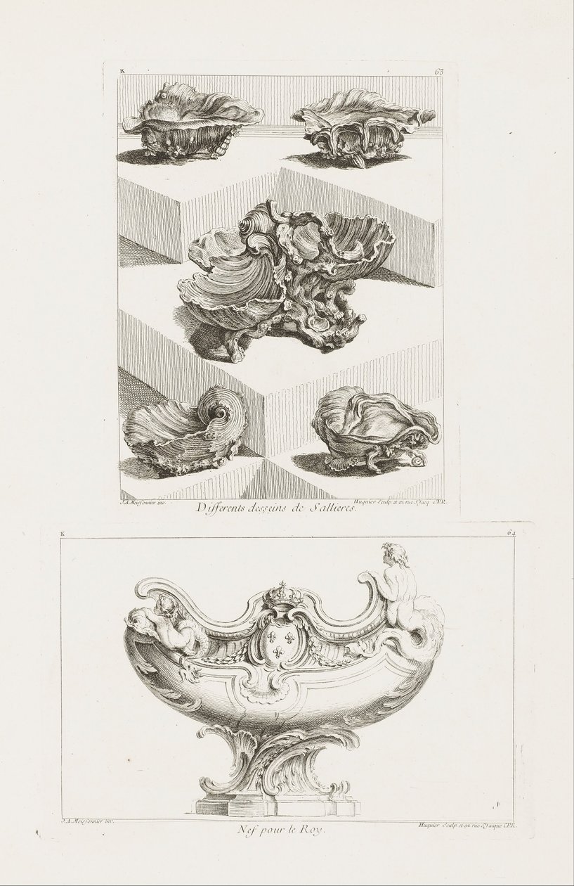 Different Desseins de Sallieres (forskjellige design for saltretter), pl. 63 i Work of Juste-Aurele ... av Juste Aurèle Meissonnier