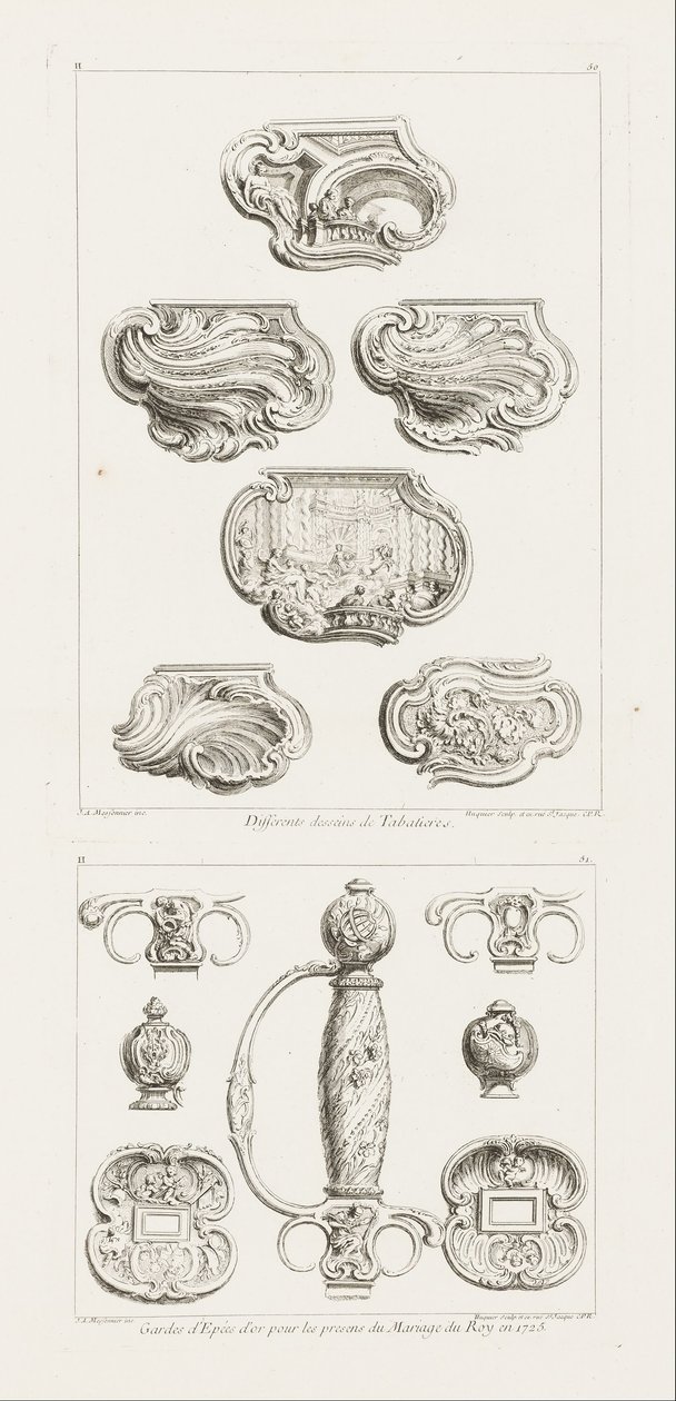 Ulike design for snusbokser, andre plate ... av Juste Aurèle Meissonnier