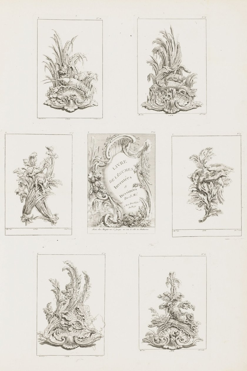 Pyntdesign med krepsemotiv, pl. 14 i Livre des Légumes (Series of Vegetable Ornament) pl. Jeg... av Juste Aurèle Meissonnier