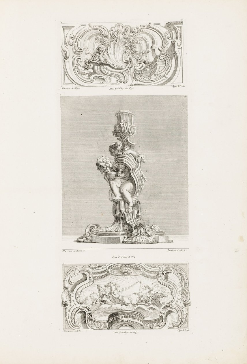 Pyntpanel med skallfontene flankert av kranser og voluter, pl. 22 i Oeuvre de Juste-Aurèle ... av Juste Aurèle Meissonnier