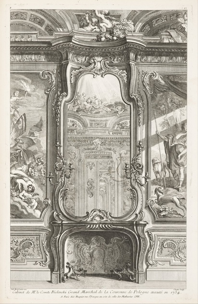Kabinett for herre grev Bielenski stormarskalk av Polens krone henrettet i 1734; Chiminée med glass, med en del av støttepanel og malerier på hver side, 1. plate av Juste Aurèle Meissonnier