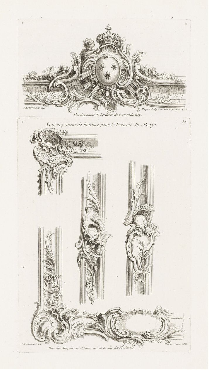 Design av Cartouche med kongens armer sentrert i en grense av Juste Aurèle Meissonnier