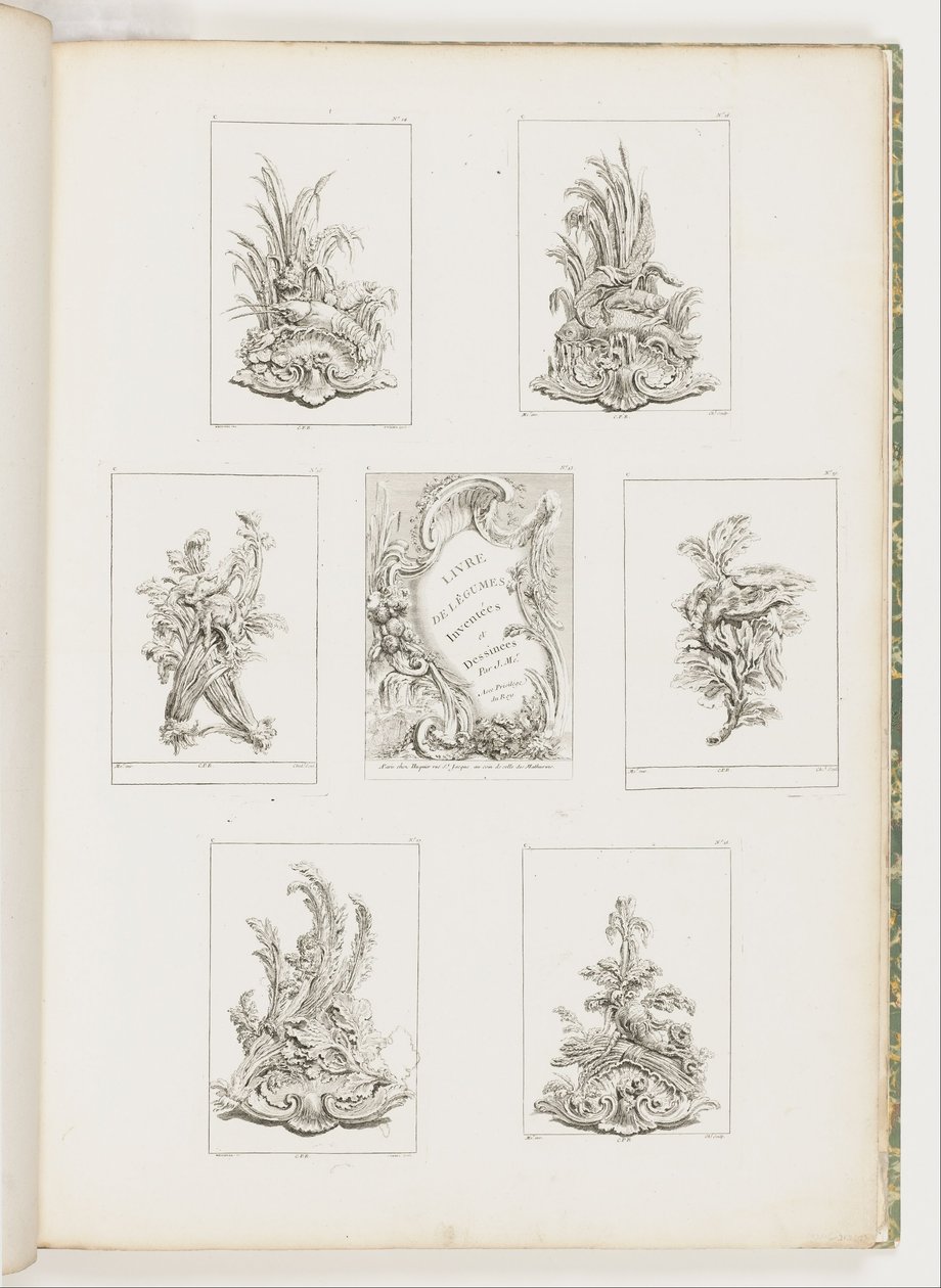 Ornamentdesign med krepsemotiv, pl. 14 i Livre des Légumes (Series of Vegetable Ornament) pl. Jeg av Juste Aurèle Meissonnier