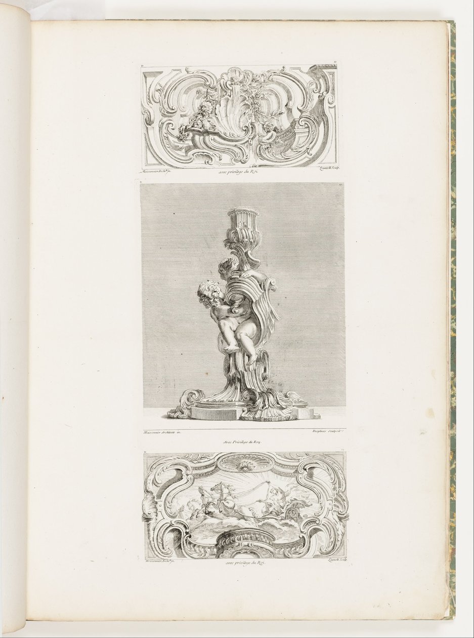Ornamentpanel med skjellfontene flankert av kranser og volutter, pl. 22 i Oeuvre de Juste-Aurèle av Juste Aurèle Meissonnier