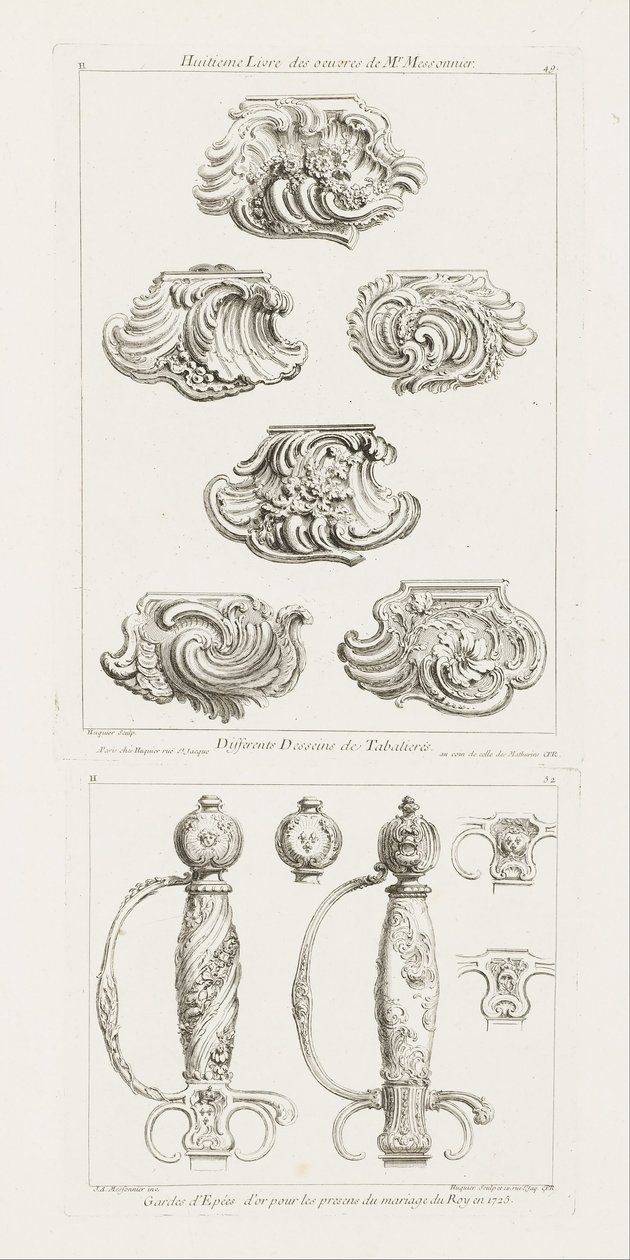 Ulike design for snusbokser, første side [Ulike design for snusbokser], s. 49 i arbeid av Juste Aurèle Meissonnier