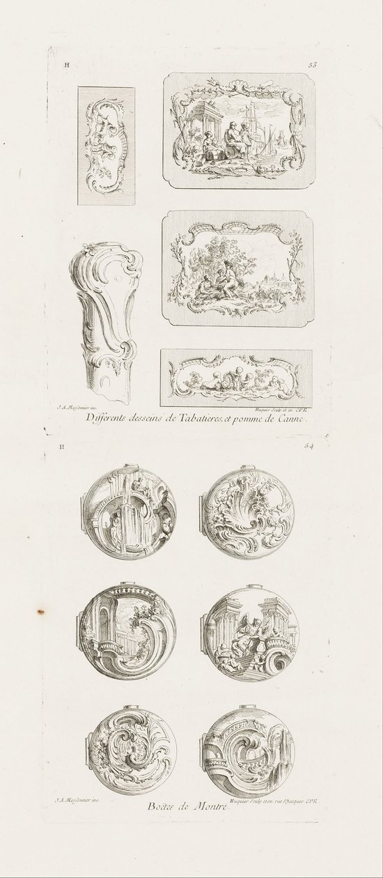 Ulike design for snusbokser og et stokkhåndtak, 5. plate, pl. 53 i Work of Juste-Aurèle Meissonnier av Juste Aurèle Meissonnier