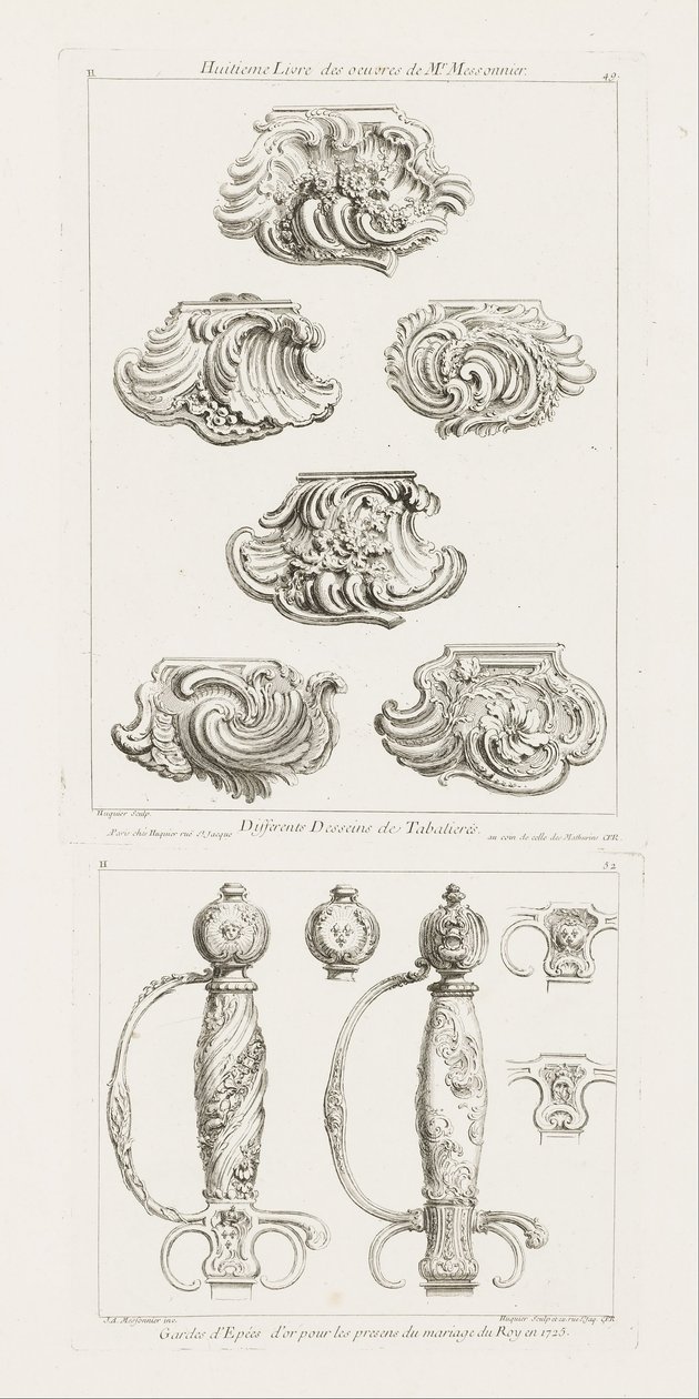 Gyldne sverdvakter for kongens ekteskapsfengsler i 1725 Sverdhåndtak til ære for kongens ekteskap i 1725, pl. 52 i arbeid av Juste-Aurele Meissonnier av Juste Aurèle Meissonnier