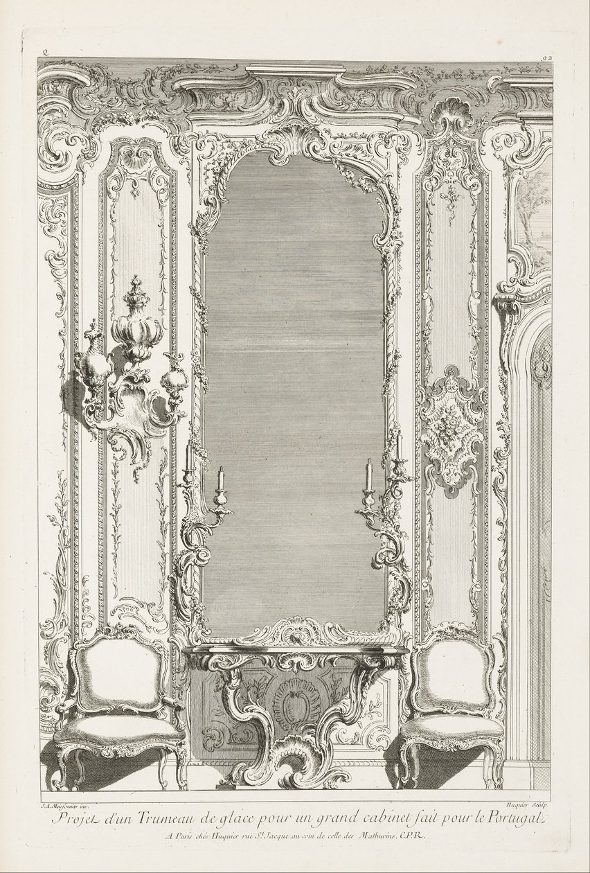 Prosjekt av en Trumeau de glace for et stort skap laget for Portugal; Trumeau-prosjekt med variant for Portugal, 2. Plate av Juste Aurèle Meissonnier