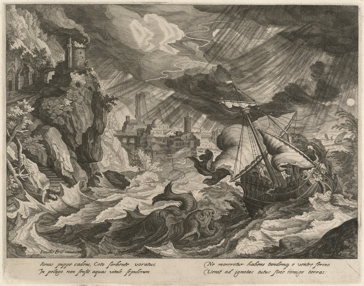 Jonah kastet i det stormfulle havet av Justus Sadeler after Paul Bril