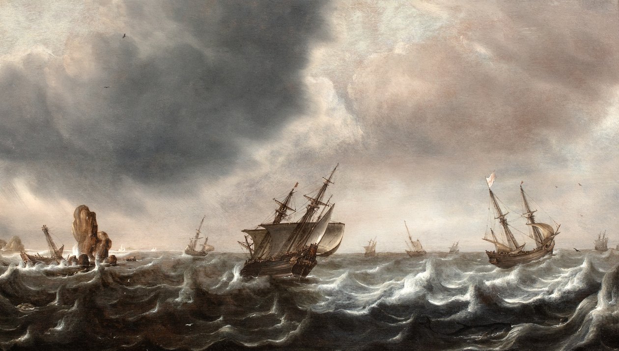 Frakt i Choppy Seas med en hval i forgrunnen av Justus de Verwer