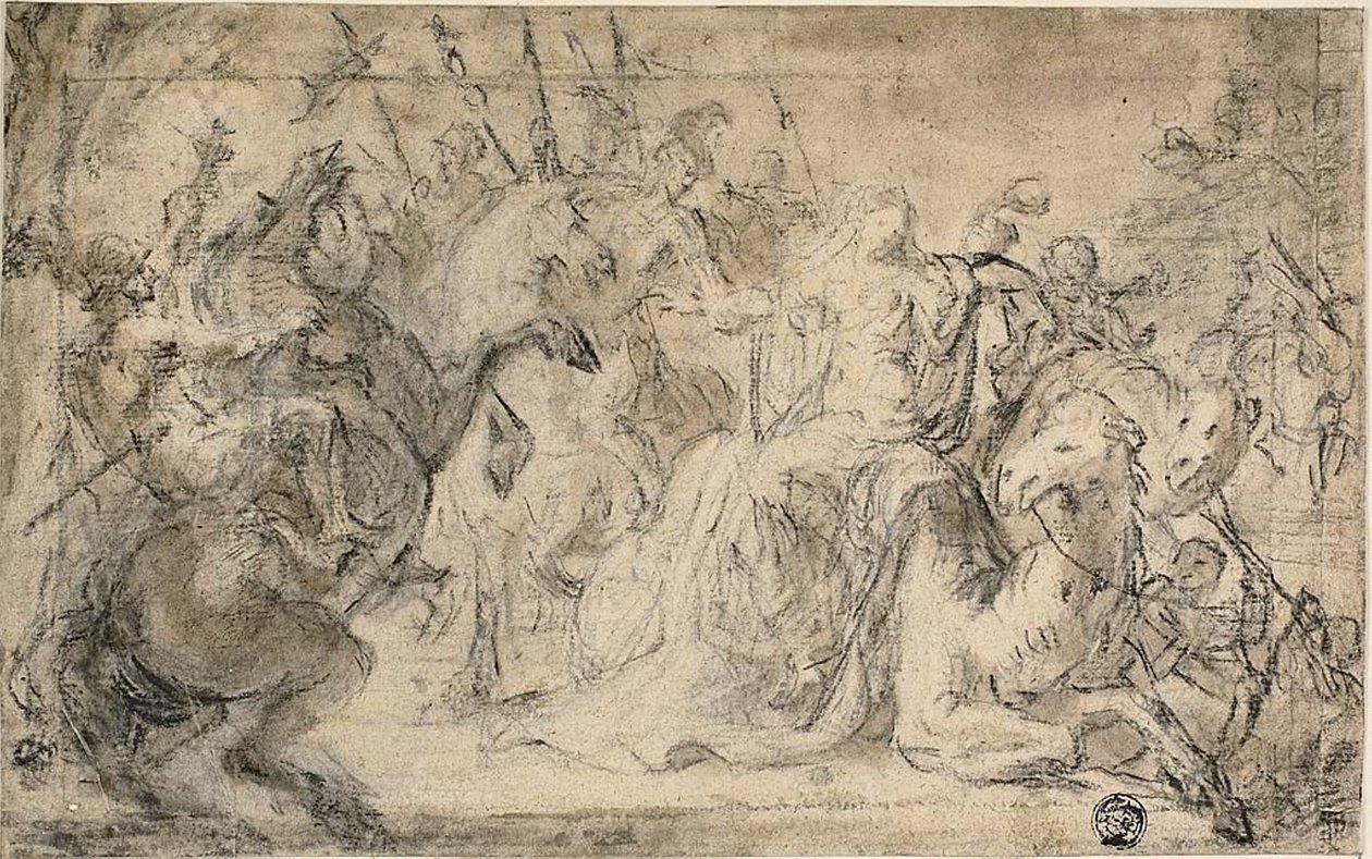 Zenobia omgitt av beredne soldater av Justus van Egmont