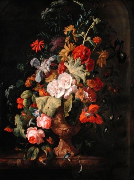 Vase med blomster (olje på lerret) av Justus van Huysum