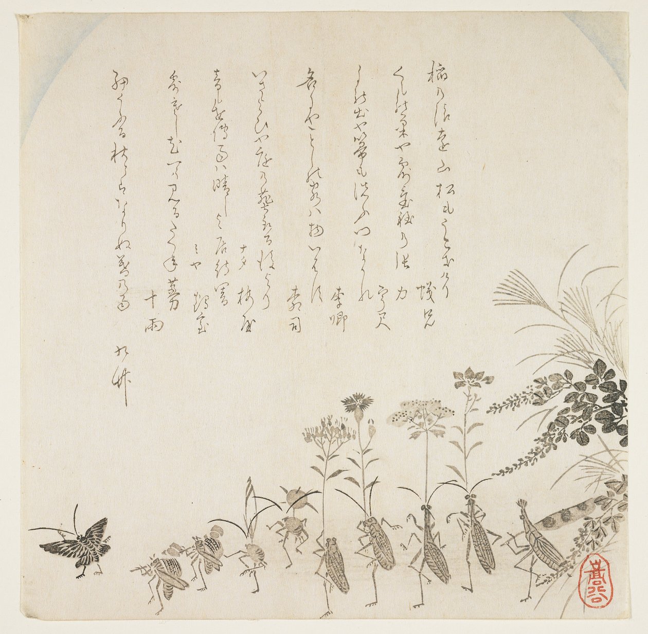 Høstblomster og syngende insekter, ca. 1854-59 (treblokktrykk) av K II Skoku