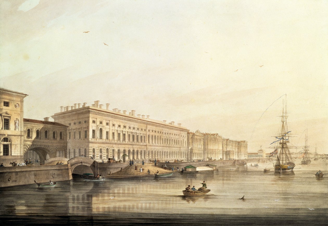 Utsikt over Palace Embankment, gravert av Karl Petrovich Beggrov (1799-1875), 1826 (litho med wc) av K. and Shiflard, S. Sabat