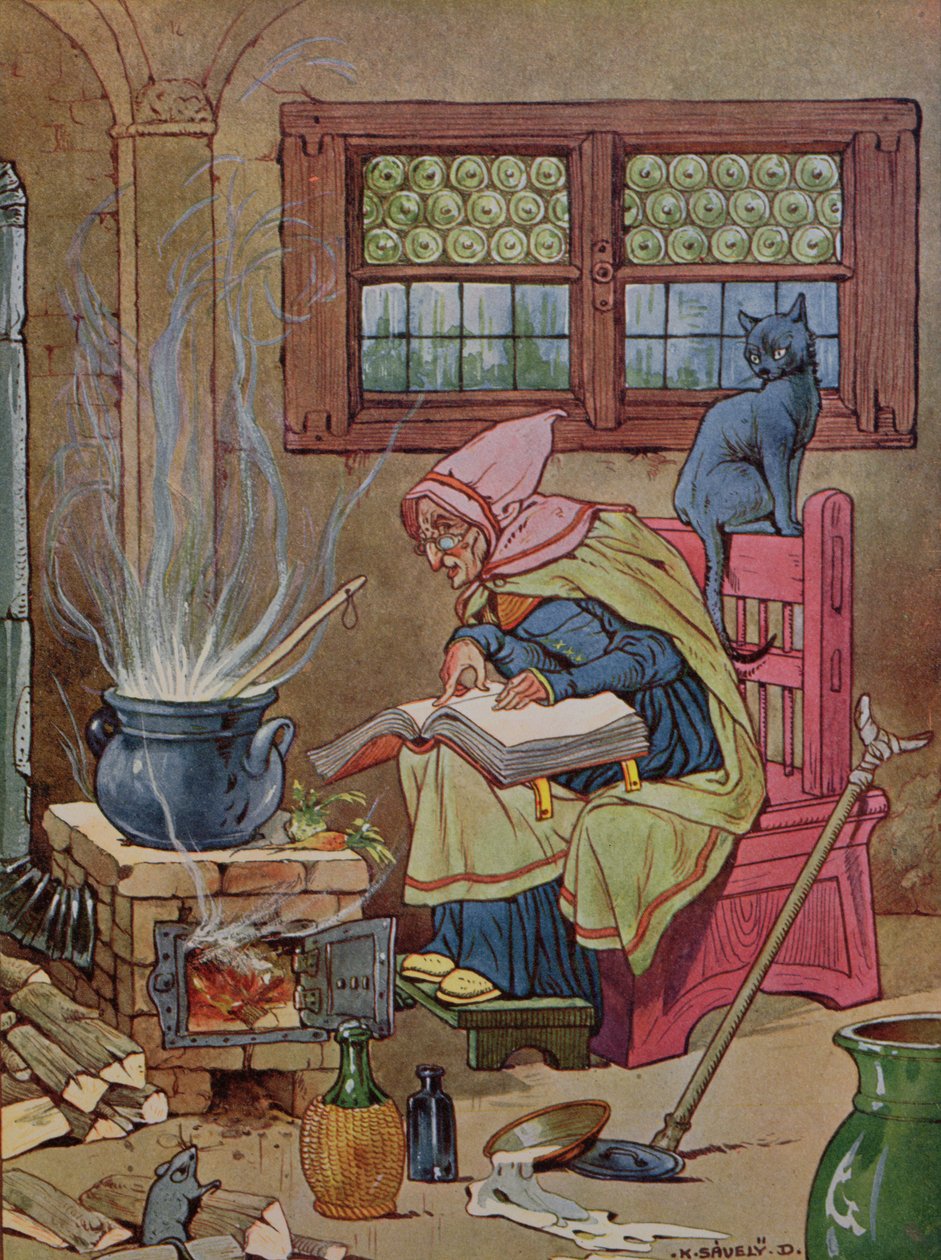 Heks, illustrasjon fra en bok med eventyr, ca. 1910-20 (fargegravering) av K. Savely Dezso