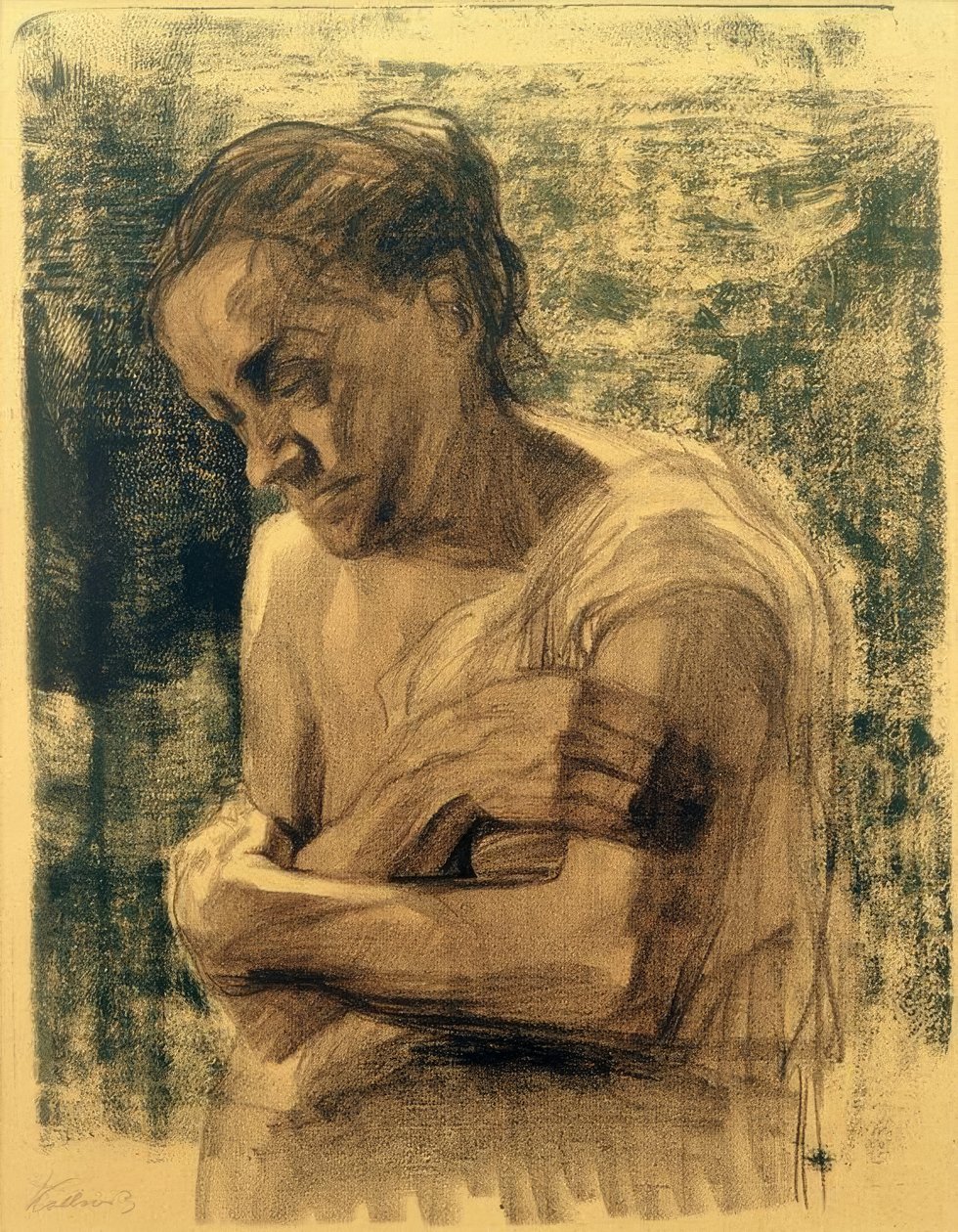 K. Kollwitz, halvfigur av en kvinne med korslagte armer av Käthe Kollwitz