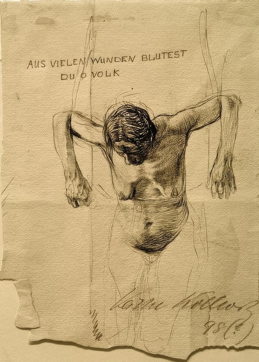 Nakenstudie for etsning Dere blør fra mange sår, folk av Käthe Kollwitz