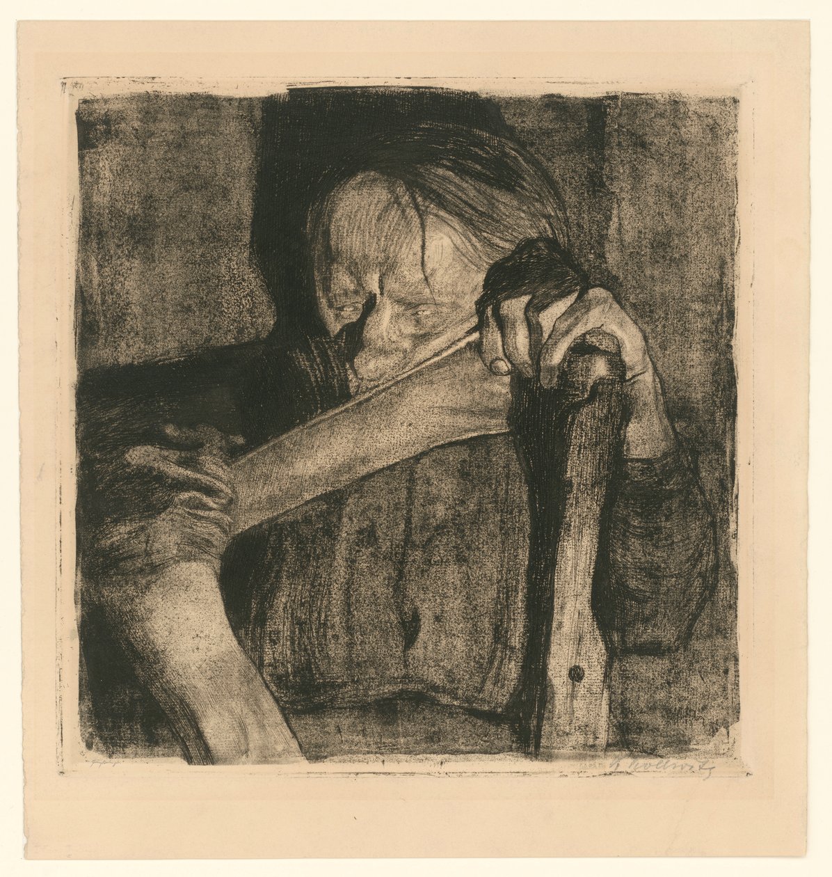 Ved sliping av ljåen (blad 3 fra «Bondekrigen», femte tilstand) av Käthe Kollwitz