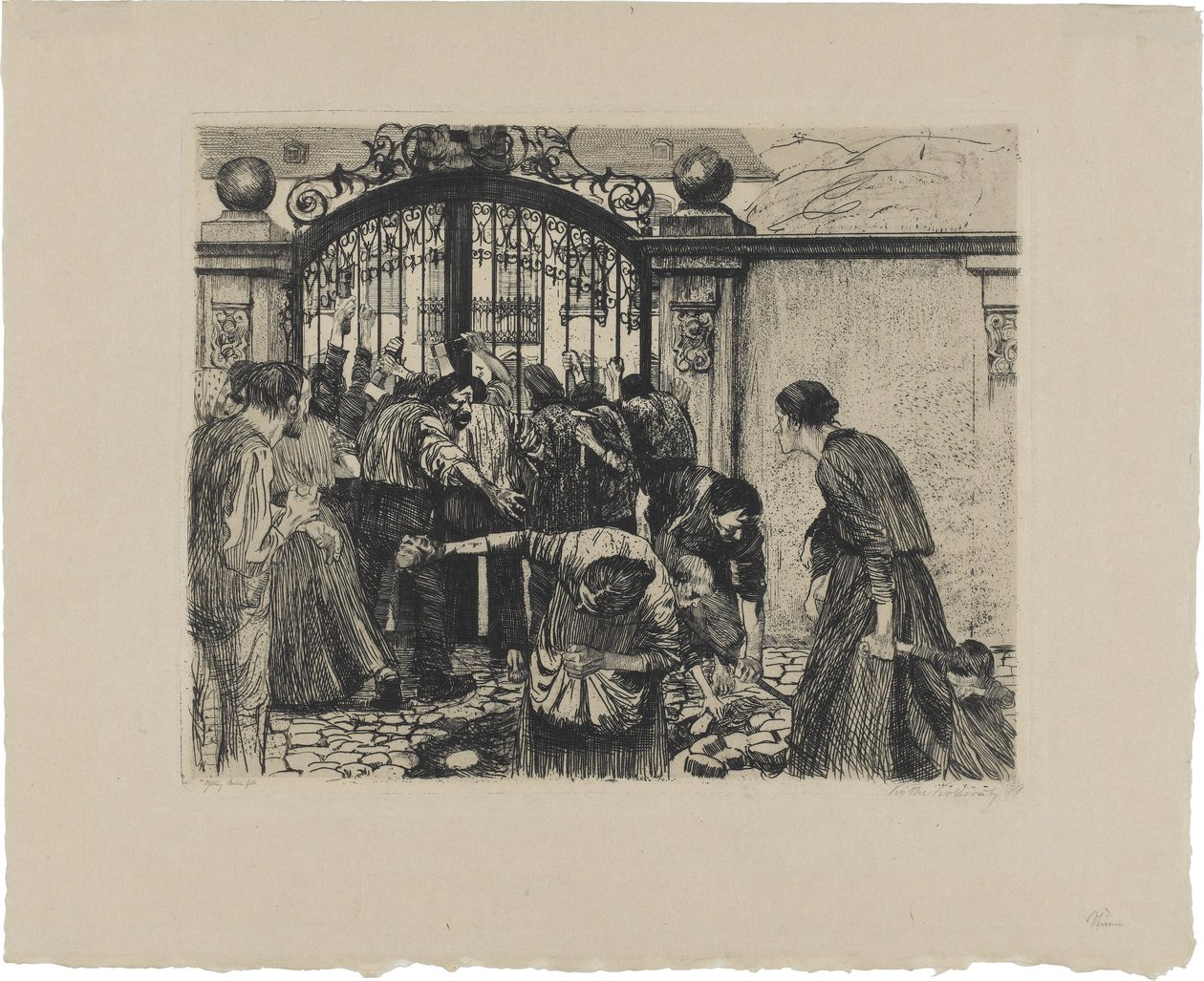 Et veveropprør, blad 5: Storm av Käthe Kollwitz