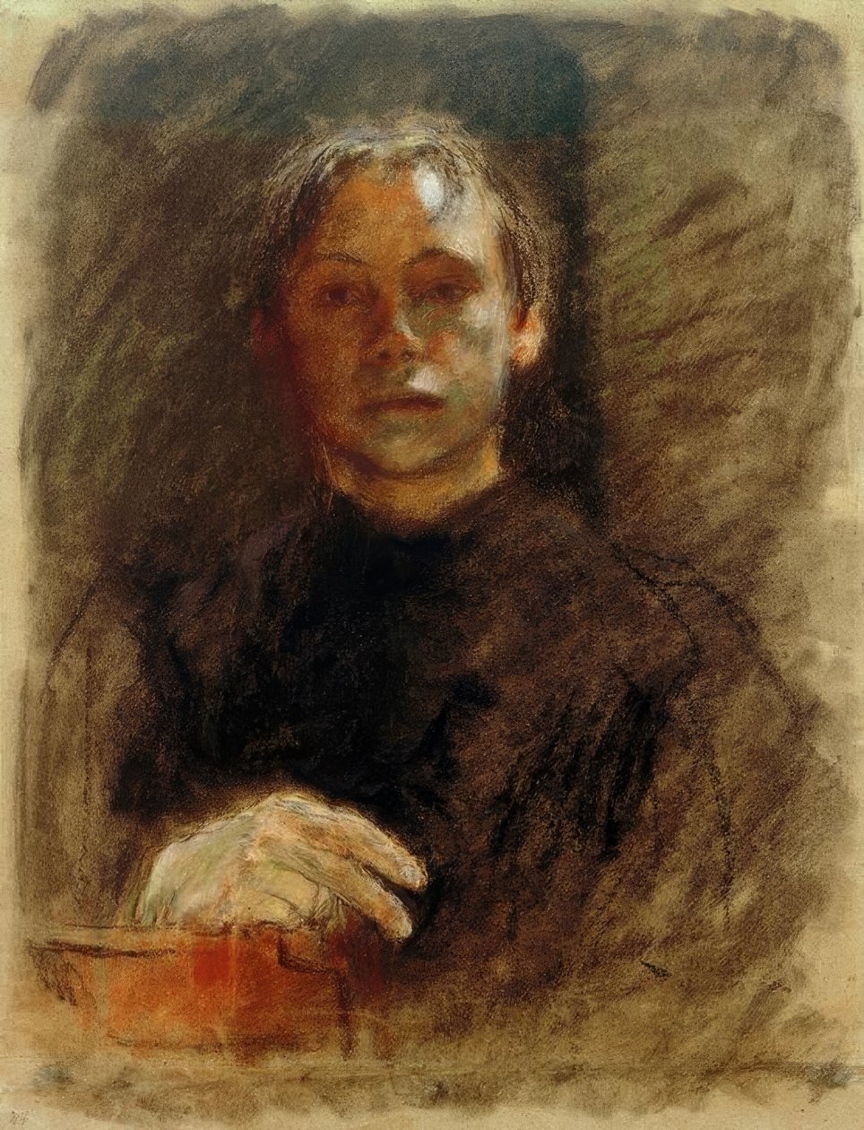 Käthe Kollwitz, selvportrett i ansikt med høyre hånd av Käthe Kollwitz